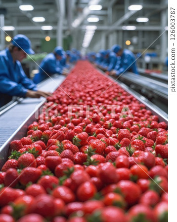 Fresh strawberry processing in modern factory setting - vibrant fruit production and quality control for food industry 126003787