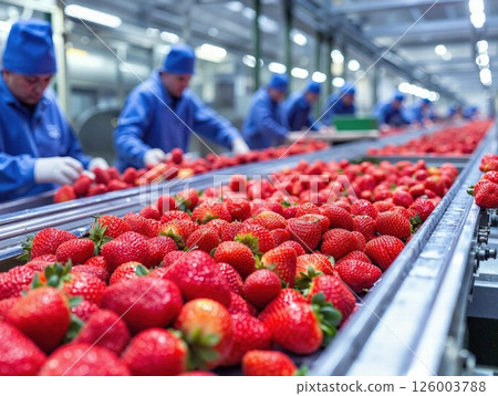 Fresh strawberry processing in modern factory setting for efficient food production and quality assurance 126003788