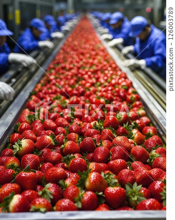 Fresh strawberry sorting process in industrial factory conveying line for optimal quality control 126003789