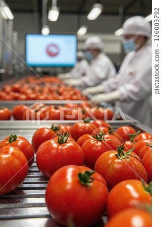 Fresh tomato processing in modern industrial facility for food safety and quality assurance Fresh tomato processing in modern industrial facility for food safety and quality assurance 126003792