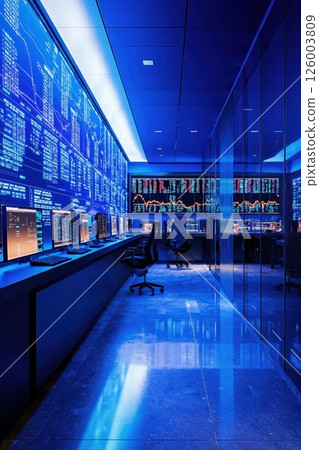 Futuristic financial trading room with large digital screens and blue ambient lighting 126003809