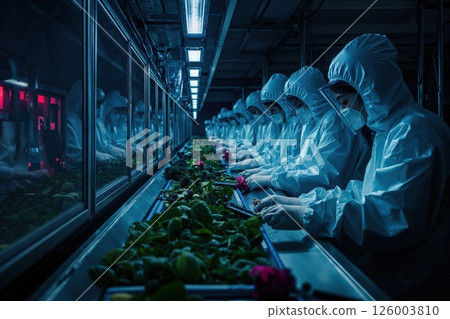 Futuristic food production: workers in sterile suits at high-tech indoor farming facility 126003810