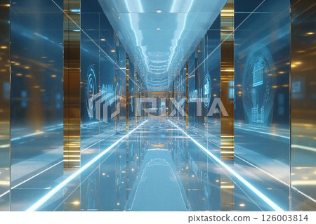 Futuristic illuminated corridor with reflections and digital graphics for modern tech spaces Futuristic illuminated corridor with reflections and digital graphics for modern tech spaces 126003814