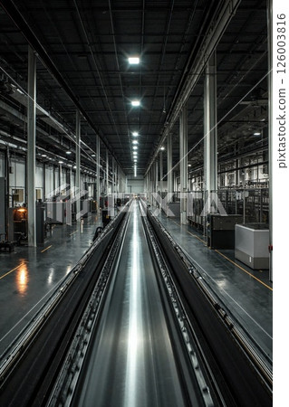 Futuristic industrial conveyor belt in high-tech warehouse with modern architecture and symmetrical design for robotics and automation 126003816