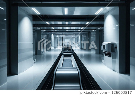 Futuristic industrial corridor with conveyor systems and high-tech lighting for modern manufacturing environments 126003817