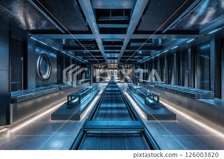 Futuristic industrial interior with blue lighting for cutting-edge architectural design projects 126003820