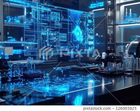 Futuristic lab with holographic interface and advanced technology displays for innovation design 126003825