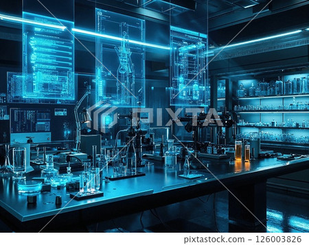 Futuristic laboratory with holographic displays and advanced scientific equipment for innovative research and technology development 126003826
