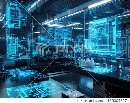 Futuristic laboratory with holographic interfaces and advanced technology for innovative scientific research 126003827