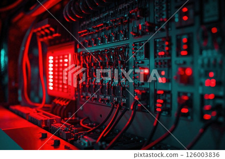 Futuristic neon circuit board technology in vibrant red and blue light for tech innovation and data systems design Futuristic neon circuit board technology in vibrant red and blue light for tech innovation and data systems design 126003836
