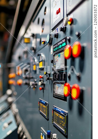 Industrial control panel with colorful buttons and display screens in modern factory setting Industrial control panel with colorful buttons and display screens in modern factory setting 126003872