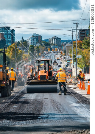 Urban road construction scene with workers and machinery in autumn cityscape for infrastructure development projects Urban road construction scene with workers and machinery in autumn cityscape for infrastructure development projects 126003881