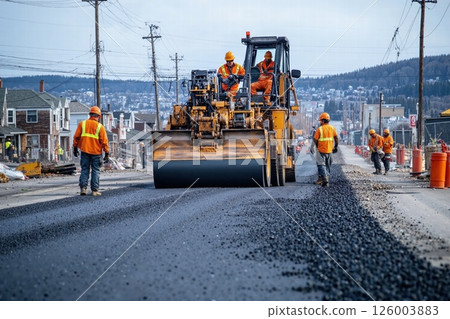 Urban road construction scene with workers and machinery in action for infrastructure development 126003883
