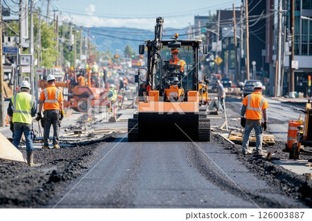 Urban road construction scene with workers and machinery in motion during a busy day 126003887