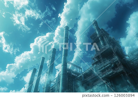 Industrial skyline with dramatic clouds and smokestacks under vibrant blue sky for environmental and urban design concepts 126003894