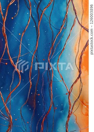 Abstract electric tendrils on vibrant blue and orange gradient canvas for modern art and design projects Abstract electric tendrils on vibrant blue and orange gradient canvas for modern art and design projects 126003896
