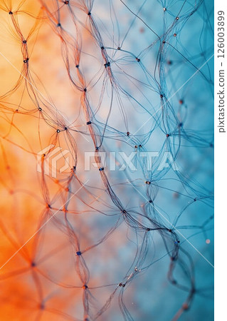 Abstract neural network mesh with orange and blue gradient for innovative tech design 126003899