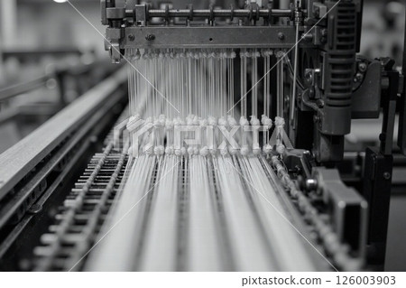 Advanced industrial textile weaving machine close-up in black and white for manufacturing innovation and efficiency 126003903