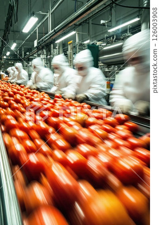 Advanced tomato processing line with workers in sanitary gear ensuring food safety for high-volume production Advanced tomato processing line with workers in sanitary gear ensuring food safety for high-volume production 126003908