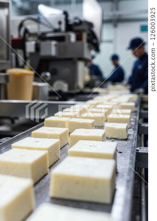 Cheese manufacturing process: automated production line in modern dairy factory Cheese manufacturing process: automated production line in modern dairy factory 126003925