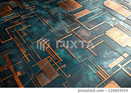 Futuristic copper circuit pattern on textured teal background for modern tech design and decor 126003934