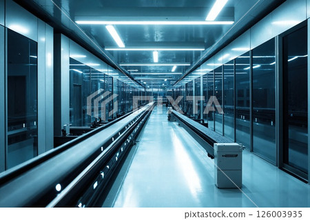 Futuristic corridor with neon lighting in modern industrial setting for sci-fi concept designs and tech themes 126003935