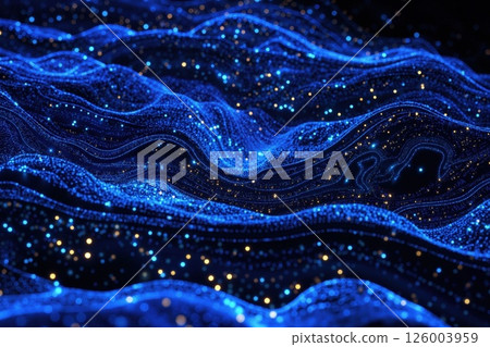 Futuristic digital landscape with glowing blue and gold particle waves for innovative design projects 126003959