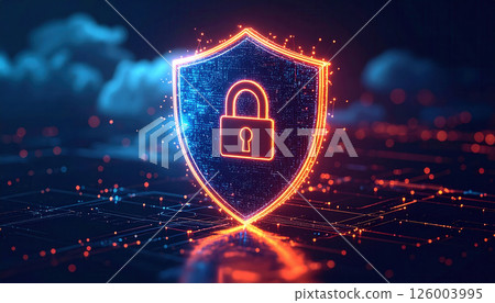 Cybersecurity shield with lock icon glowing digital network 126003995