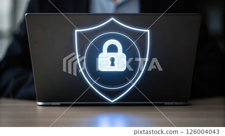 Laptop with digital security icon displayed screen, symbolizing 126004043