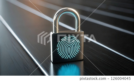 Futuristic padlock with glowing fingerprint scanner dark surface 126004045