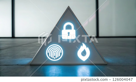 Illuminated triangle sign displays security icons including lock Illuminated triangle sign displays security icons including lock 126004047