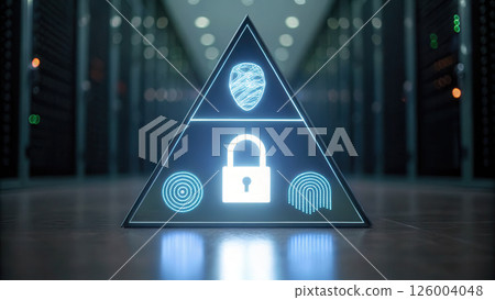 Digital security concept with illuminated lock and biometric icons 126004048