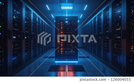Modern data center with server racks illuminated by blue 126004055