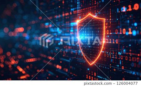 Digital shield icon surrounded by binary code and firewall visuals 126004077
