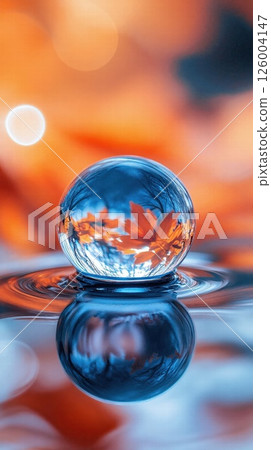 Autumn serenity: crystal ball reflecting vibrant fall leaves in tranquil water setting 126004147