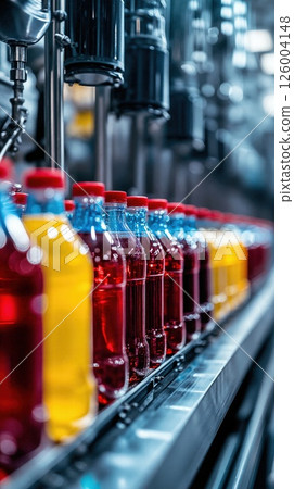 Beverage production line in modern factory capturing vibrant bottles of soda and juice with red caps on conveyor 126004148