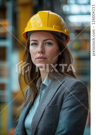 Confident female engineer in industrial setting wearing safety gear Confident female engineer in industrial setting wearing safety gear 126004155