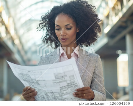 Focused architect analyzing blueprints in modern urban environment Focused architect analyzing blueprints in modern urban environment 126004169