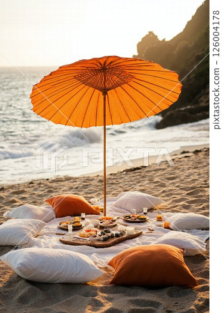 Coastal picnic escape with orange umbrella and cushions at sunset beach setting 126004178