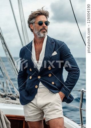 Elegant nautical style: fashionable gentleman in chic double-breasted blazer on sailboat at sea 126004190
