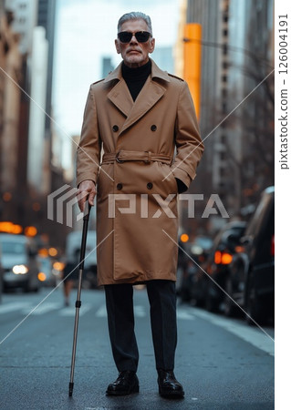 Elegant urban fashion: stylish gentleman in brown trench coat on city street 126004191