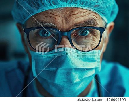 Focused surgeon beneath surgical mask and cap in operating room setting with intense eyes Focused surgeon beneath surgical mask and cap in operating room setting with intense eyes 126004193