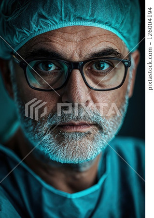 Focused surgeon in operating room attire with intense gaze and surgical cap for medical professionalism and dedication concepts 126004194