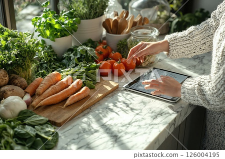 Fresh farm to table concept with organic vegetables and digital recipe guide for culinary inspiration 126004195