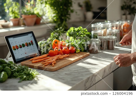 Fresh farm-to-table cooking inspiration with tablet and vibrant vegetables in sunlit kitchen setting 126004196