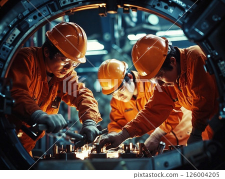 Collaborative engineering teamwork in industrial factory setting with advanced machinery Collaborative engineering teamwork in industrial factory setting with advanced machinery 126004205