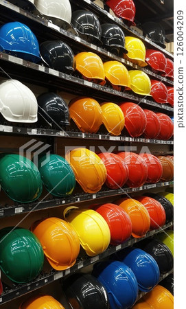 Colorful safety helmets display for construction and industry visual merchandising inspiration 126004209