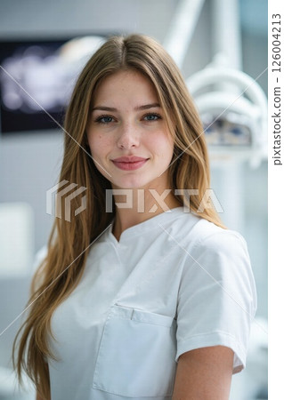 Confident dentist in modern clinic setting with warm smile for healthcare promotion 126004213