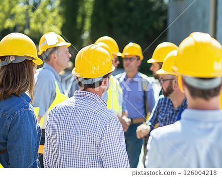 Construction team safety meeting outdoors with workers in hard hats 126004218