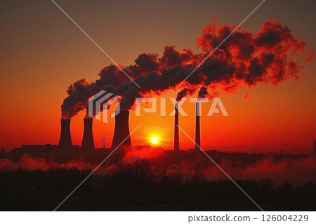 Dramatic industrial sunset: power plant silhouetted against fiery sky for environmental awareness and energy concepts 126004229